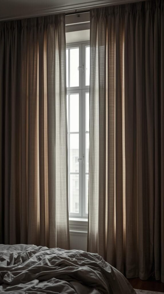 Revamp your bedroom - Moody modern bedroom with floor-length linen curtains hung high above the window, soft folds touching the floor. Black curtain rod adds an industrial touch. 