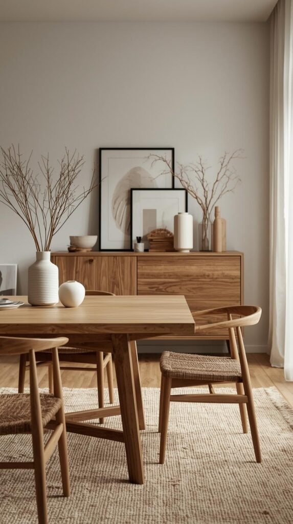 Organic modern dining or bedroom space featuring solid wood furniture with visible grain and knots, natural oak finish