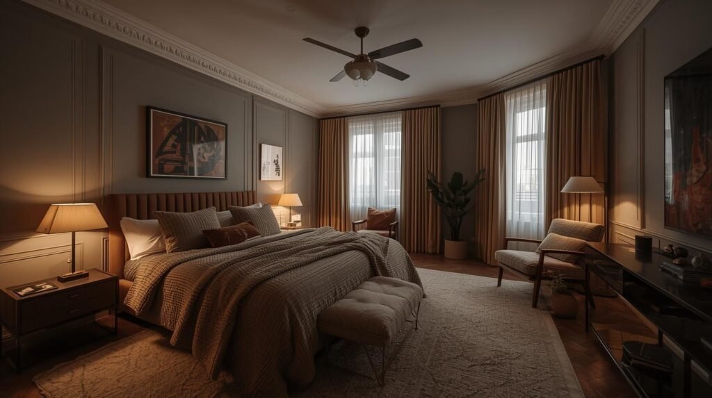 Ravamp your bedroom fully styled moody modern bedroom showing layered lighting, textured bedding, curated art, rug, curtains, and accent furniture.