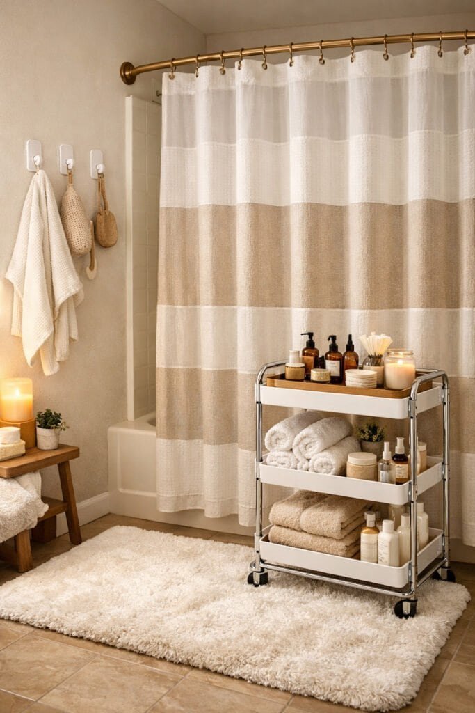 Rental bathroom styled with plush bath mat, upgraded shower curtain, adhesive wall hooks, rolling storage cart with towels and skincare.