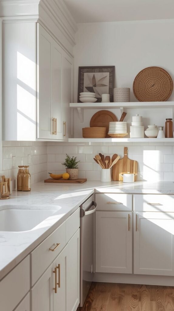 Rental kitchen with peel-and-stick subway tile backsplash, clean white or warm beige tiles, modern countertops, minimal decor, natural light, renter-safe kitchen upgrade, fresh and polished look, editorial kitchen photography