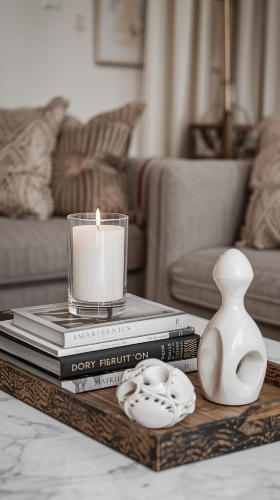 Styled coffee table scene with decorative tray, stacked books, candle, sculptural object, balanced heights and textures.