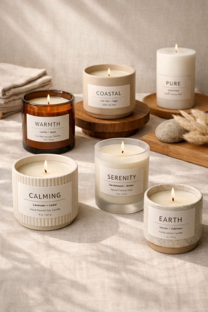 Styled collection of finished handmade candles ready for selling, cohesive vessels, minimalist labels, neutral modern color palette.