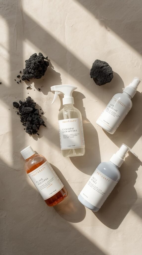 Styled flat lay of pet-safe cleaning products on a neutral surface. Bottles, sprays, charcoal odor absorbers arranged neatly.
