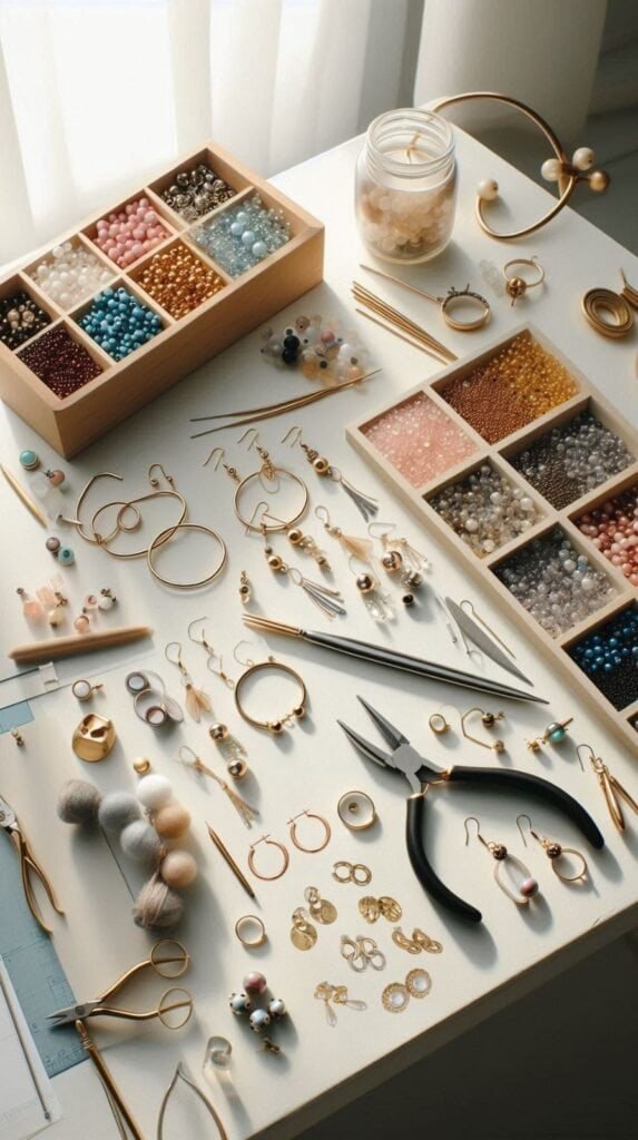 Jewelry-making setup with beads, pliers, minimalist gold and neutral elements.