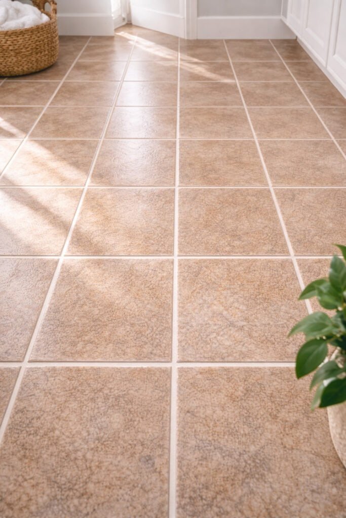 Top-down view of spotless tile floors with bright white grout lines. Subtle natural sheen on tiles, modern kitchen or bathroom setting