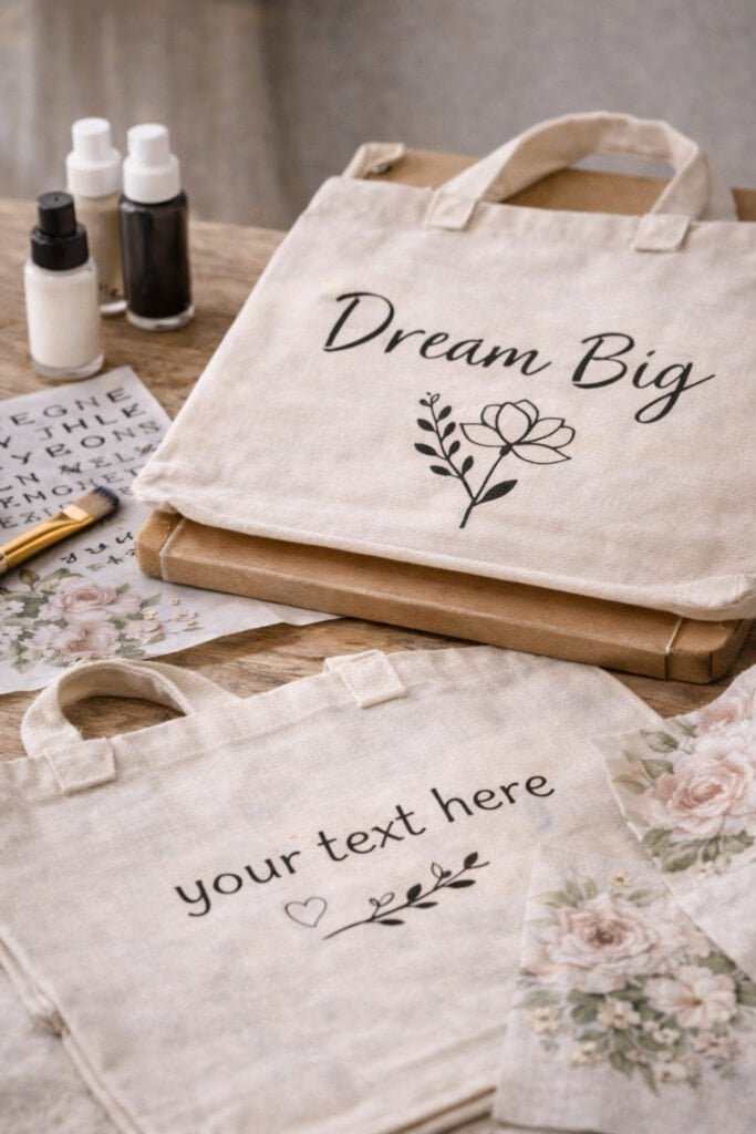 Blank canvas tote bags being customized with black typography and minimalist line art. 