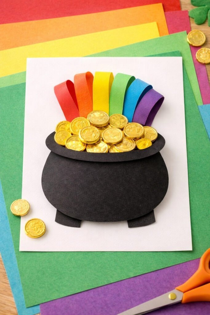 image of black paper pot with rainbow paper strips arching out