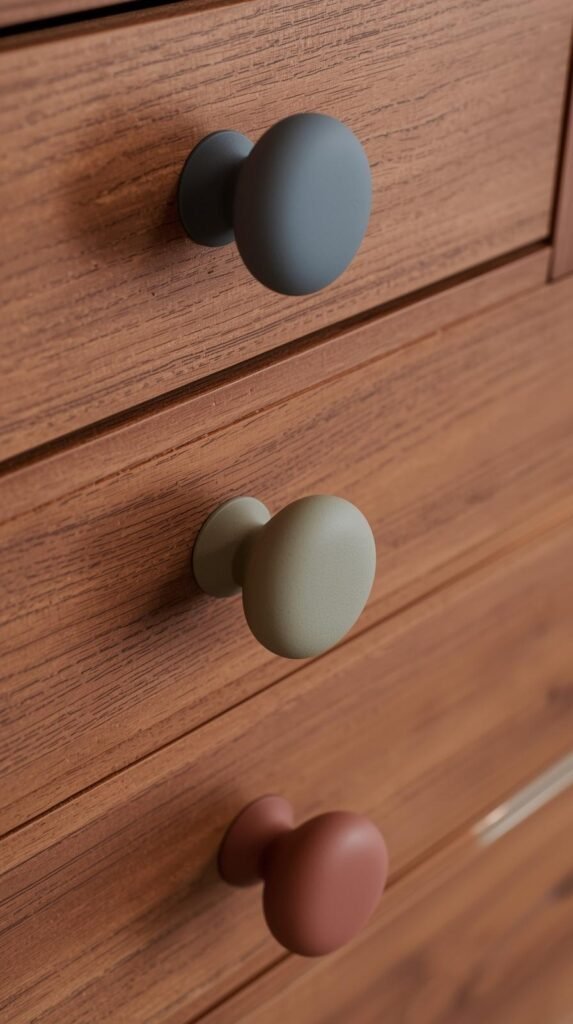 Clay drawer knobs in rounded sculptural shapes finished in slate blue, muted terracotta, sage green, and clay pink. 