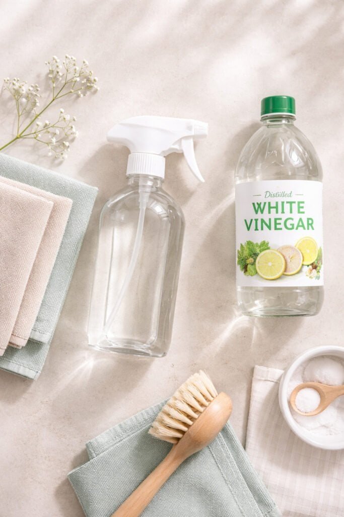 how to clean crystal chandelier -Close-up flat lay of a spray bottle filled with clear cleaning solution, distilled white vinegar bottle, microfiber cloths neatly folded.