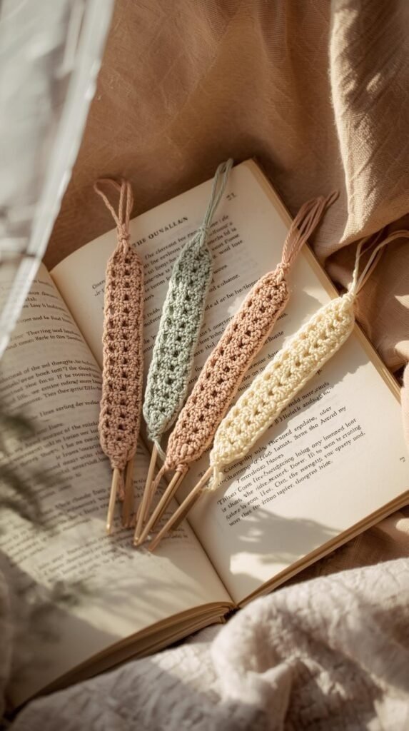 Crochet bookmarks resting inside an open book, thin yarn with simple stitch pattern, soft neutral and pastel colors, cozy reading nook setting