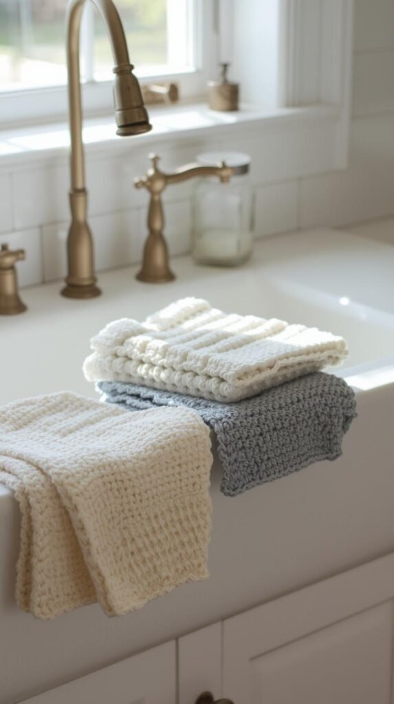 Crochet dishcloths folded neatly beside a farmhouse-style sink, textured cotton stitches visible, soft white and muted blue yarn, clean kitchen backdrop.
