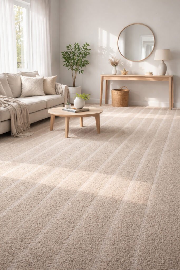 Freshly vacuumed carpet with visible lines, sunlight creating soft shadows across the floor, calm and clean home atmosphere.