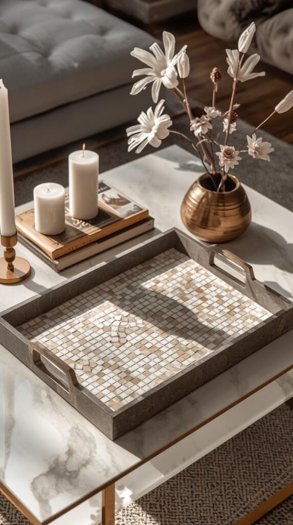 Glass mosaic tile serving tray styled on a coffee table with candles and books, clean tile layout, neutral base with subtle color accents.