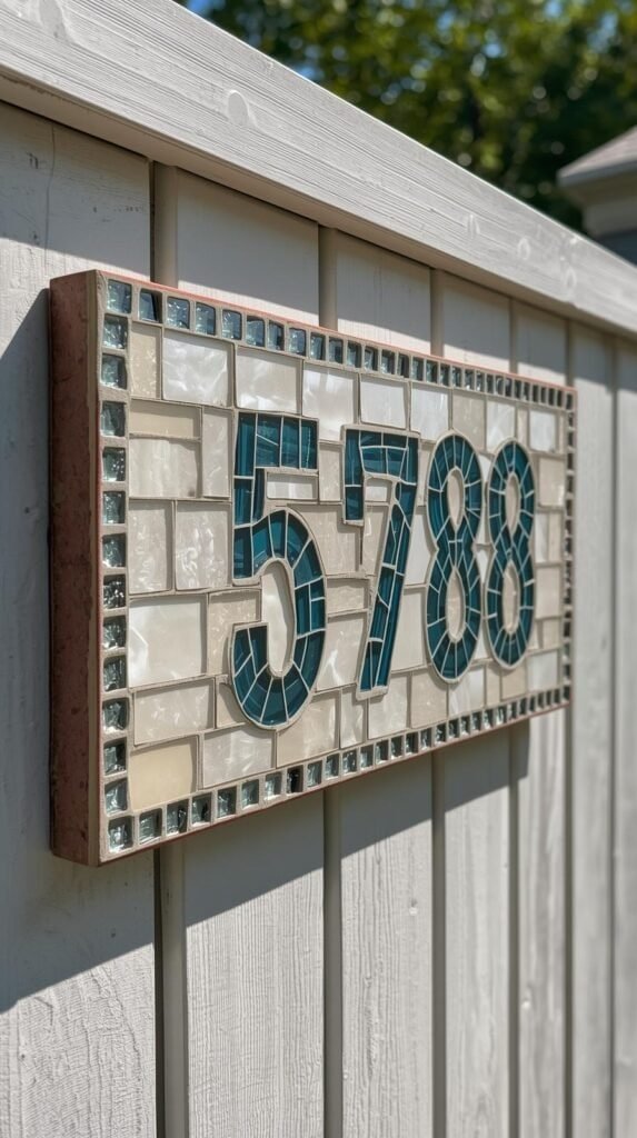 Handmade mosaic address sign with glass tile numbers, mounted on a neutral garden fence, bold readable design