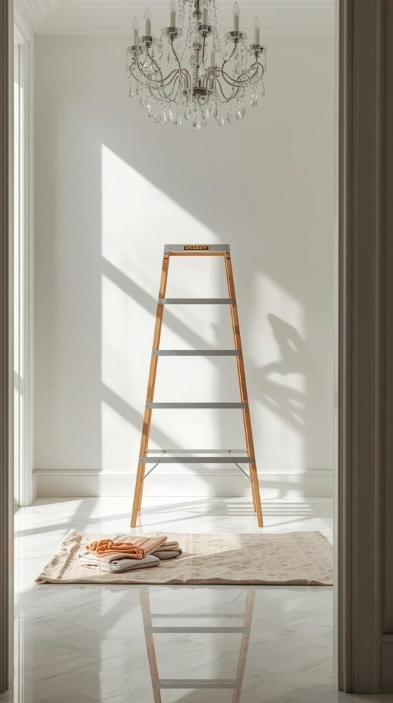 Interior scene showing a crystal chandelier turned off with a step ladder positioned beneath it, cotton gloves, microfiber cloths, and a canvas drop cloth laid neatly on the floor below.