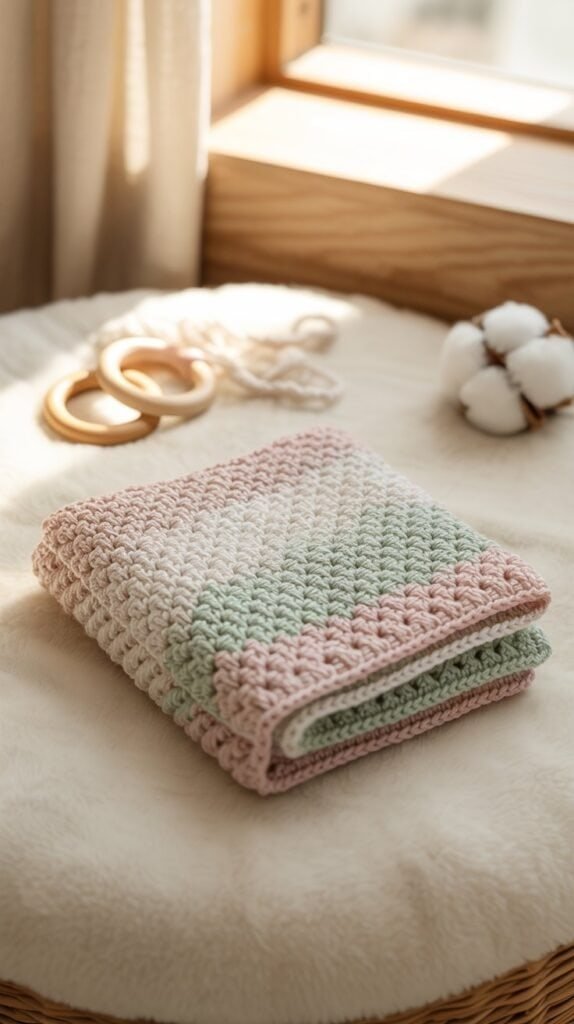 Mini crochet baby blanket folded neatly on a soft surface, gentle pastel yarn colors, simple repetitive stitch pattern, cozy nursery-inspired setting