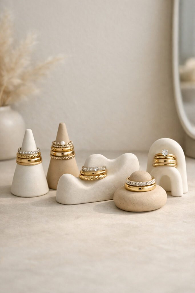 Minimal clay ring holders in cone and abstract shapes, finished in soft beige, taupe, and off-white tones. Rings stacked neatly, styled on a neutral vanity surface with subtle texture. 