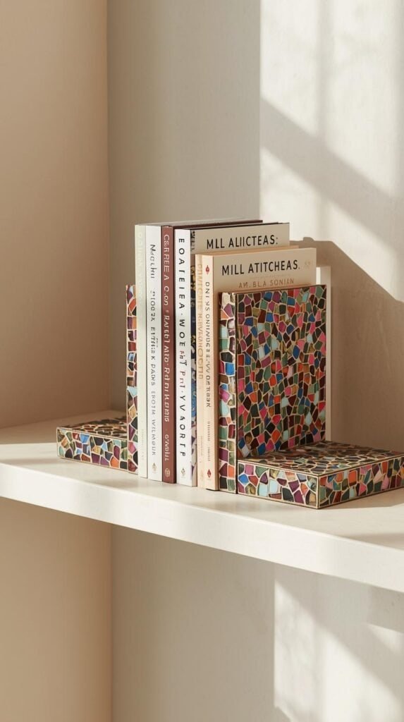 Mosaic bookends holding books on a shelf, glass tiles creating texture and color, modern neutral shelf styling.