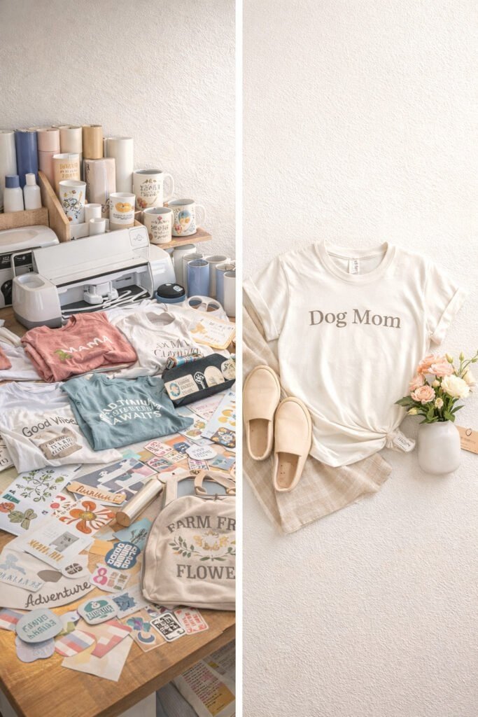 Multiple Cricut product types visually chaotic layout, contrasting with one neatly styled single-product