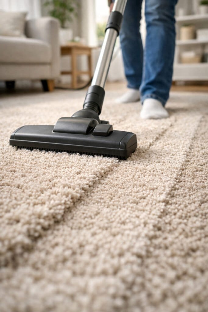 Person vacuuming carpet slowly in overlapping passes, focus on vacuum head gliding over carpet fibers, visible texture in the carpet pile.