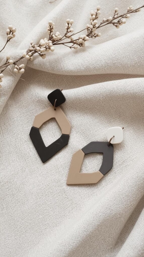 Polymer clay earrings in modern geometric shapes, styled in muted neutral tones like clay, ivory, and soft charcoal. 