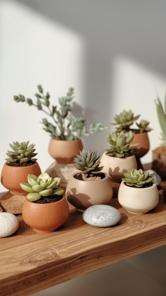 Small handmade clay planters in warm neutral shades holding tiny plants and faux greenery.