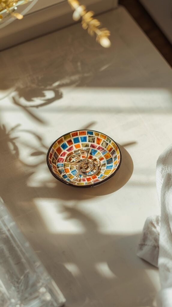 Small mosaic jewelry dish with glass tiles, rings and earrings placed inside, neutral vanity surface.