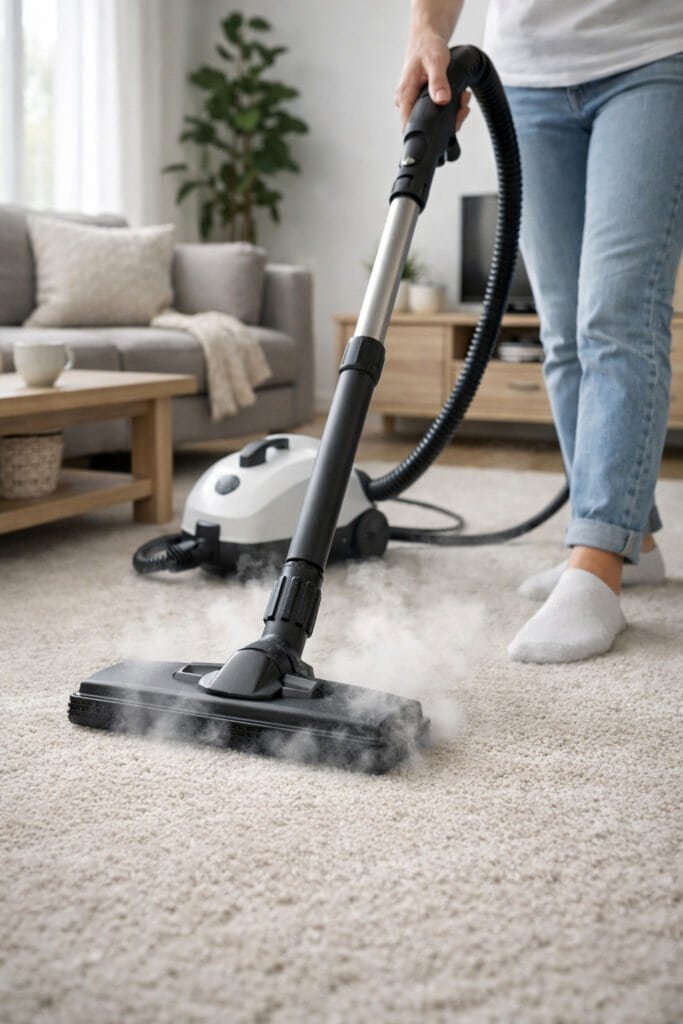 Steam cleaner in use on carpet with light steam visible, clean modern living room.