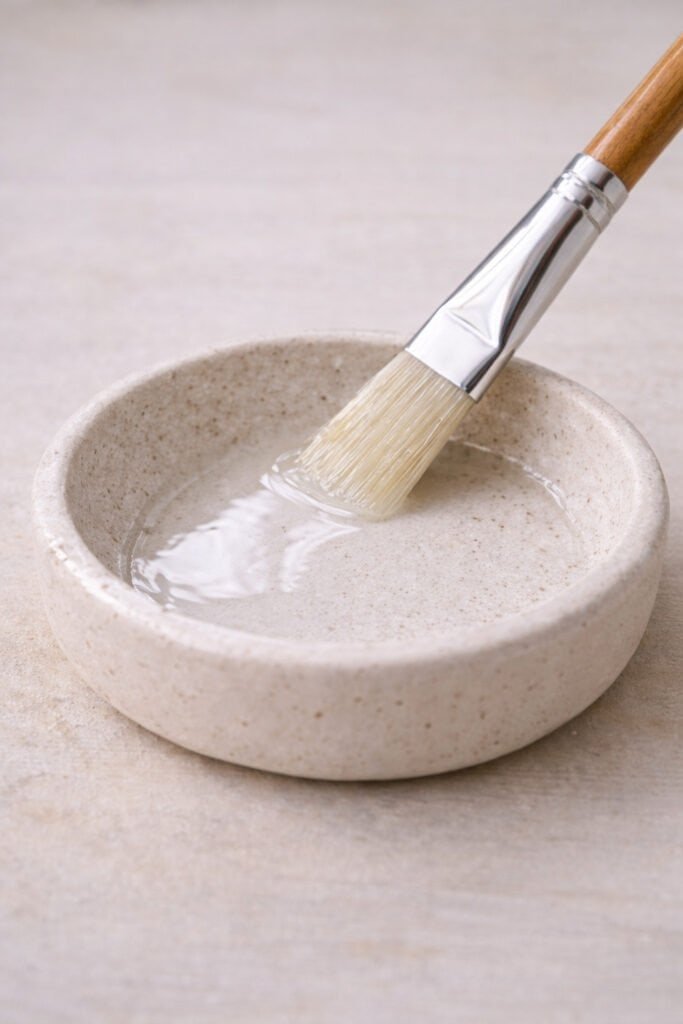 brush applying glossy clear glaze to air dry clay ring dish