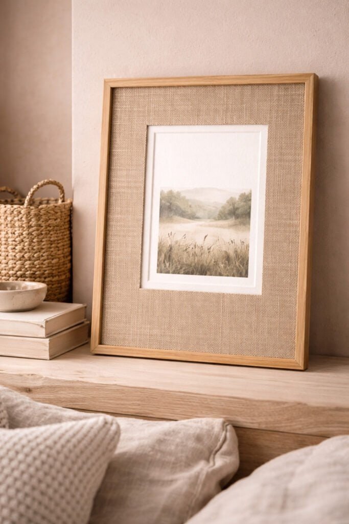 fine-weave burlap mat board inside natural wood frame, organic texture clearly visible.
