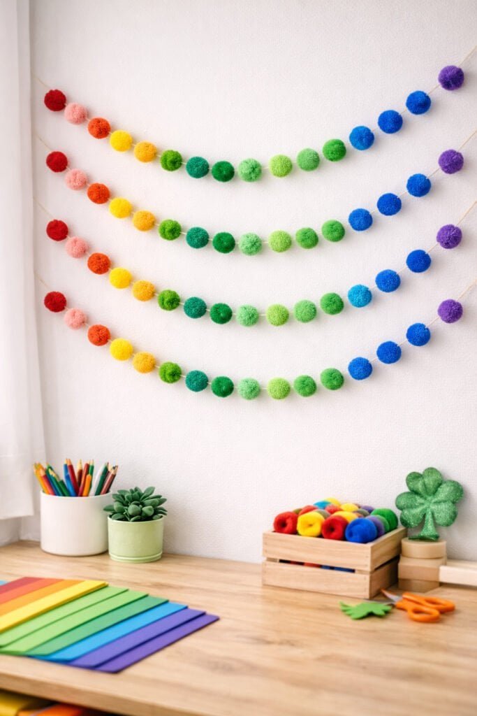image of colorful pom pom rainbow garland draped across white wall