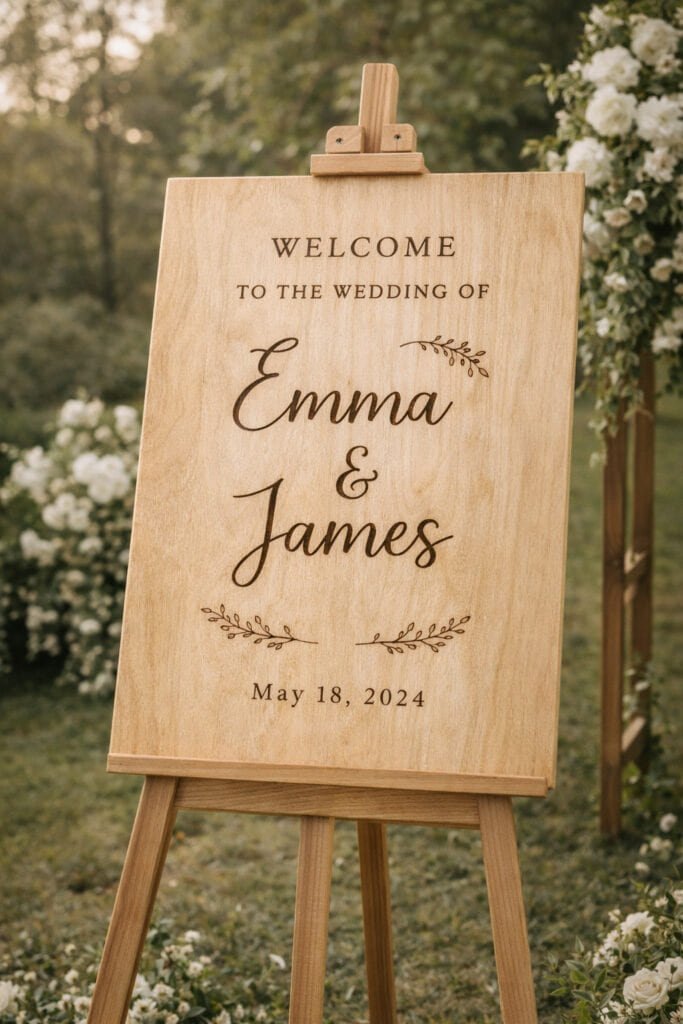 large wood burned wedding welcome sign on wooden easel