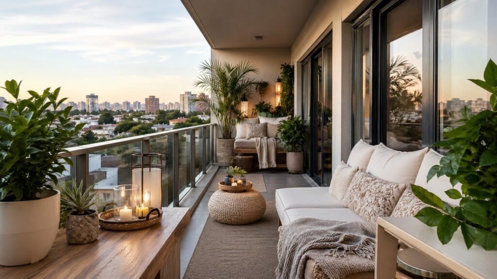 long narrow apartment balcony transformed into a stylish multi-use space