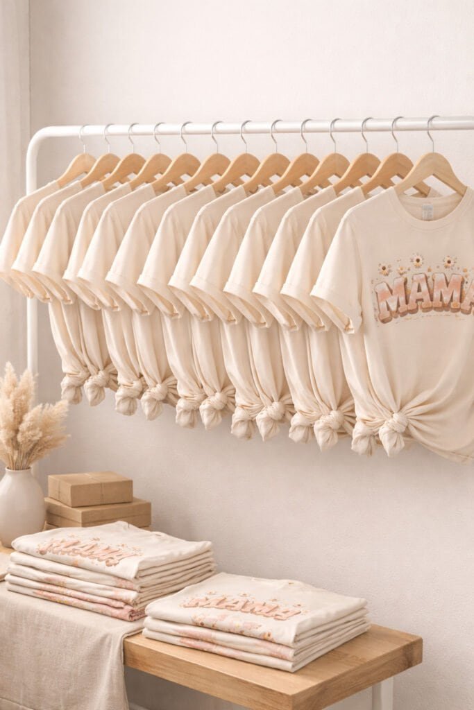 multiple identical trendy graphic shirts lined up on rack, muted neutral palette
