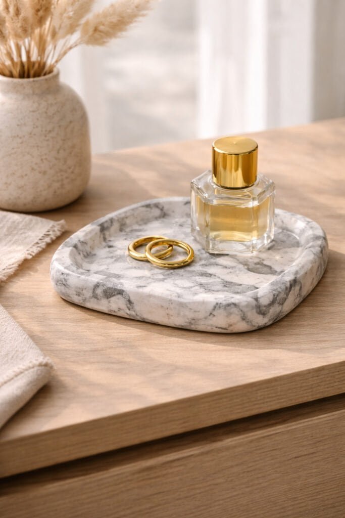 marble-effect polymer clay trinket tray in white and gray swirl, styled on a modern dresser
