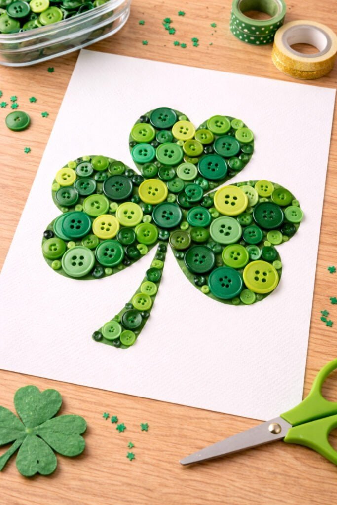 shamrock shape filled with layered green buttons on white cardstock