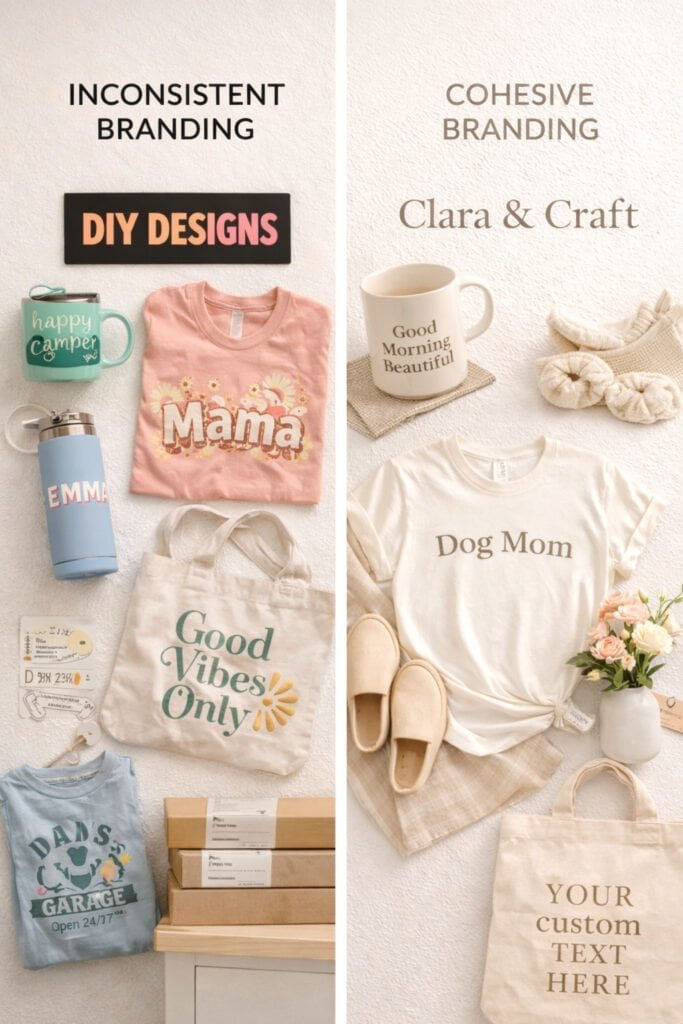 side-by-side contrast image one side mismatched fonts and random product photos, other side cohesive neutral brand aesthetic