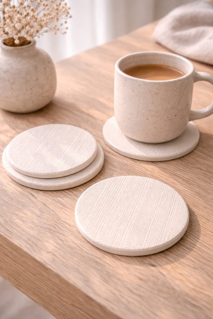 textured polymer clay coasters with linen imprint pattern in matte ivory tone, styled on light oak surface with ceramic mug