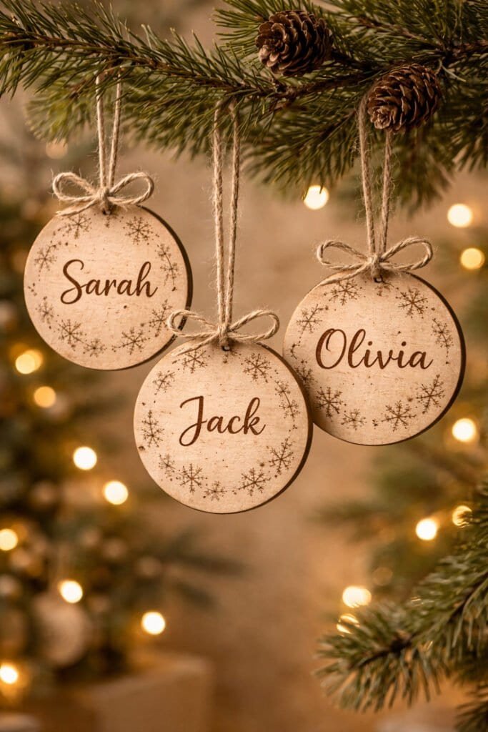 wood-burned Christmas ornaments hanging from a natural pine branch, personalized names.