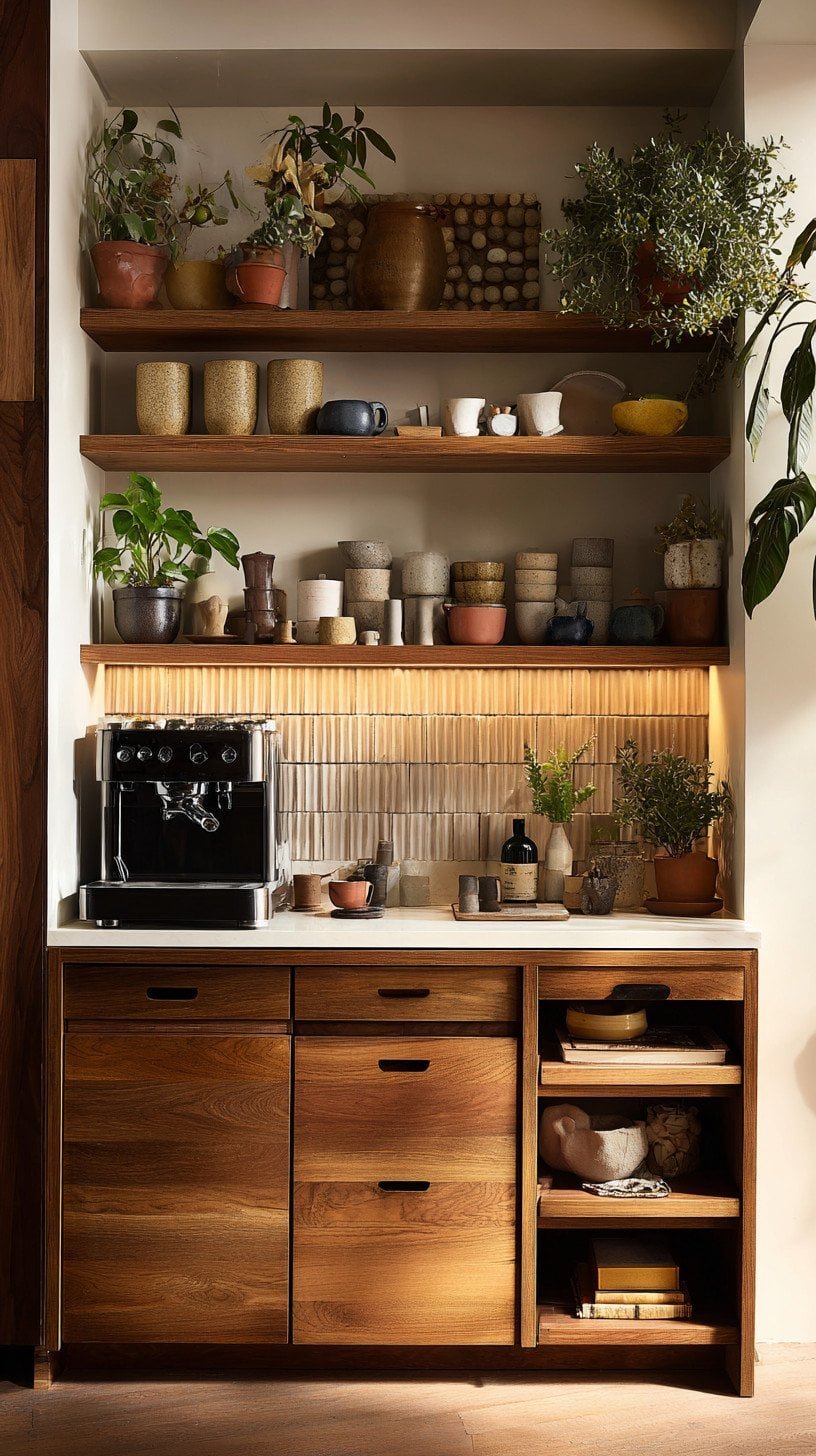 Cozy modern kitchenette vignette with warm wood shelving, styled ceramics, herbs, and soft ambient lighting.