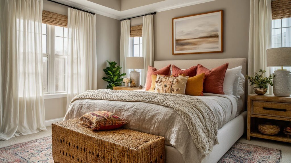 Stylish guest bedroom with layered neutral bedding, soft lighting, and boutique hotel-inspired décor details