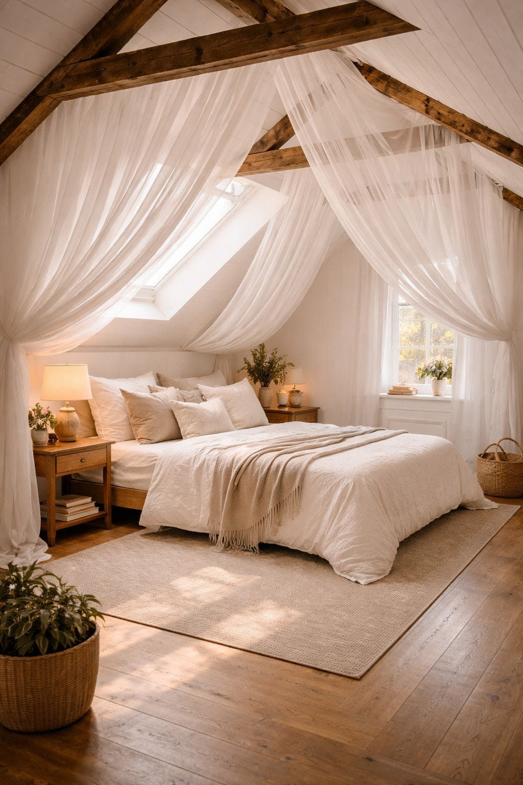 Attic bedroom with sheer curtains hung from the ceiling ridge creating a dramatic canopy effect