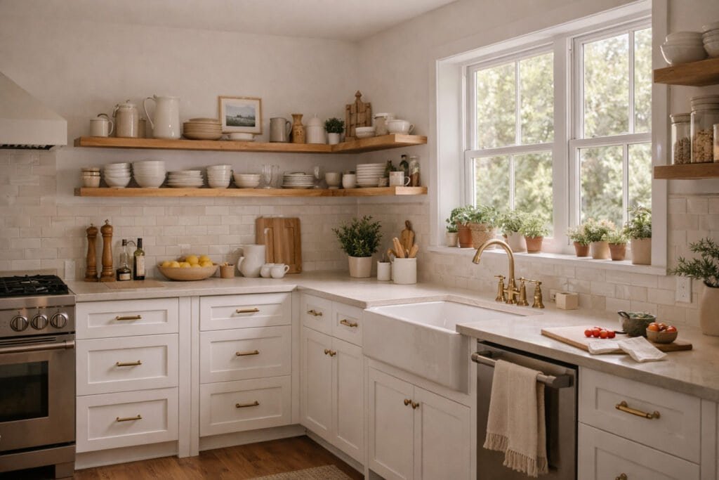 Beautifully upgraded kitchen with open shelving, pendant lights, new hardware, and organized countertops.