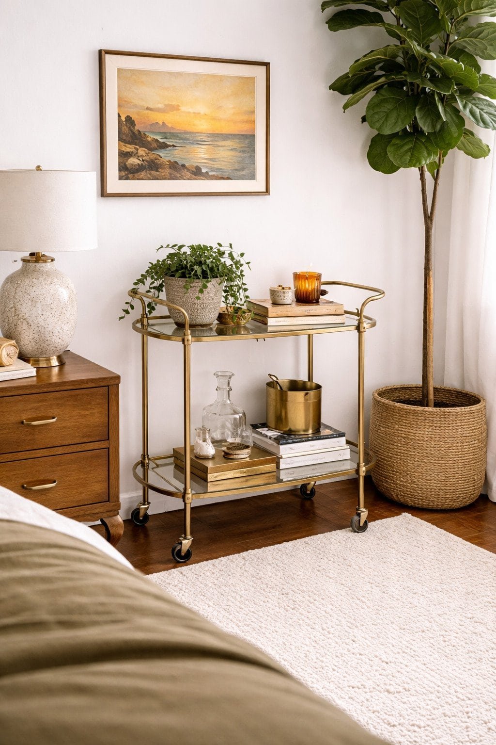 Bedroom corner with vintage-style globe bar cart repurposed as a decorative display and drinks station