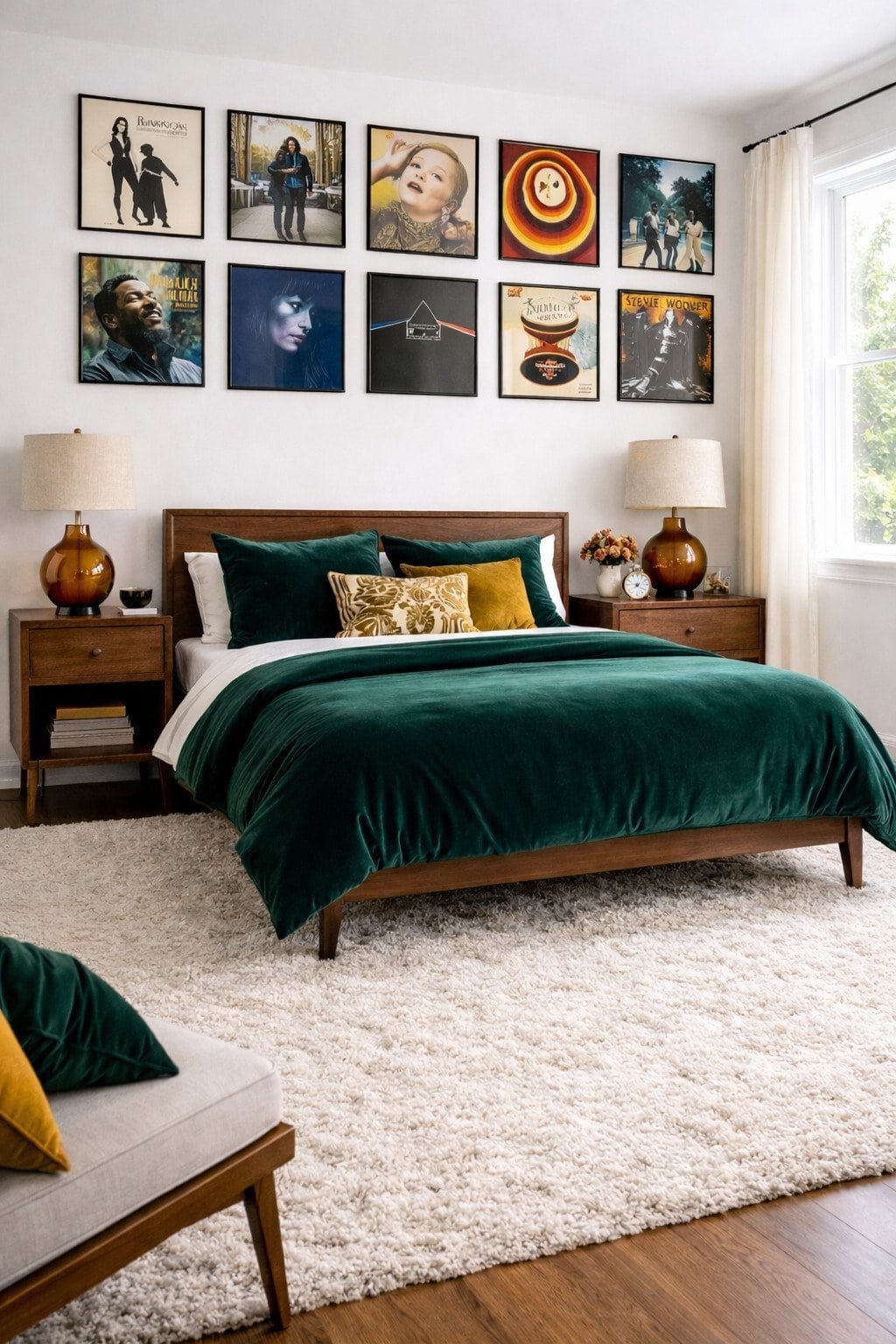 Bedroom wall with curated vinyl record album covers displayed as framed gallery wall art