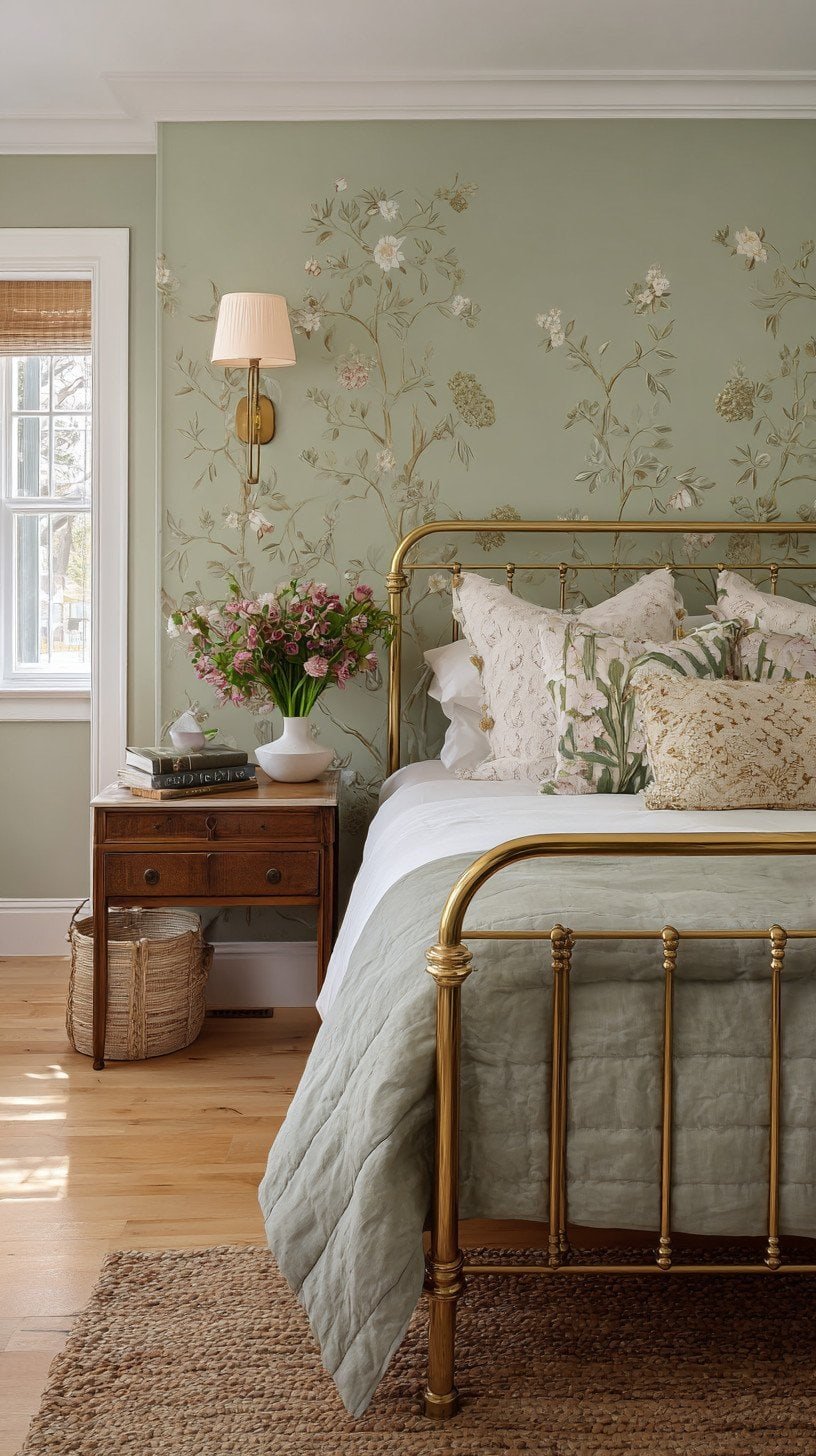 Cottagecore guest bedroom with brass bed, botanical wallpaper, ruffled linen pillows, and pressed flower wall art