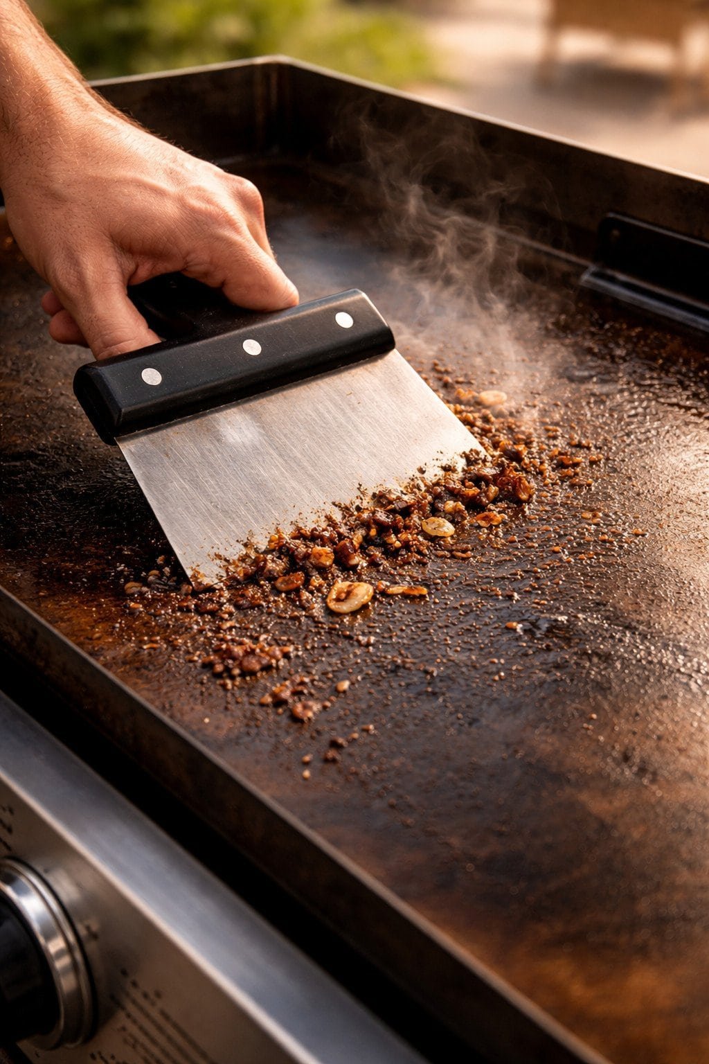 Hand using metal scraper to push food debris across warm Blackstone griddle surface