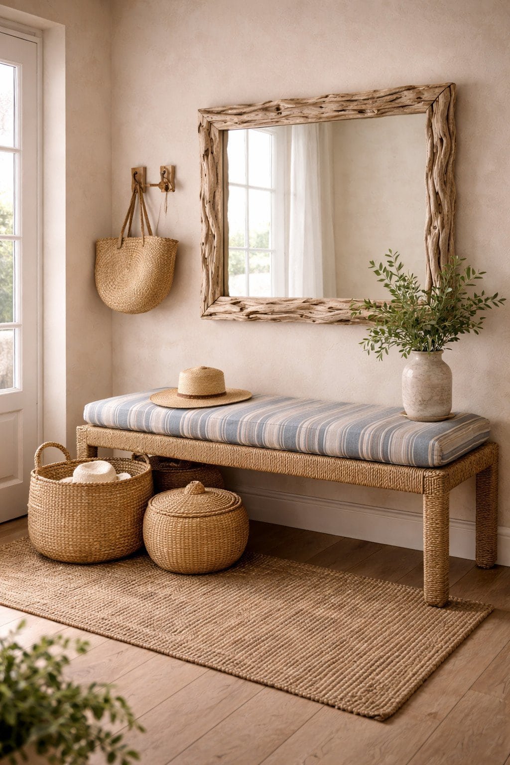 Coastal-inspired entryway with driftwood mirror