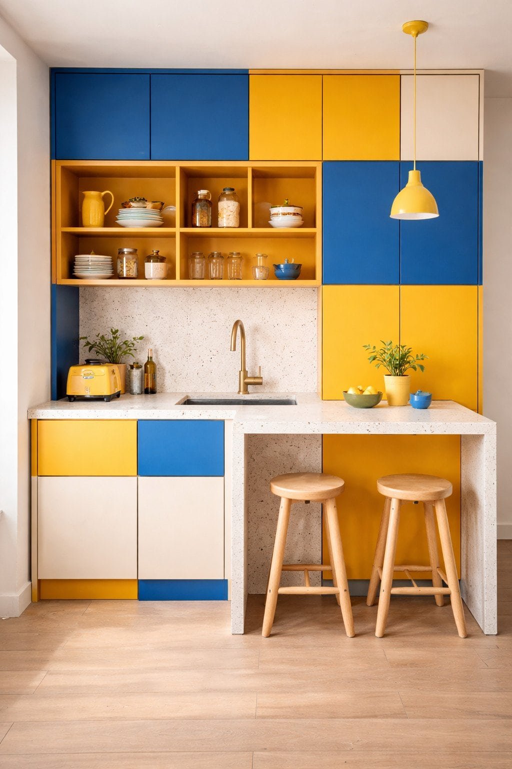 Color-blocked kitchenette cube in cobalt, mustard, and cream with a waterfall café counter and peg-leg stools.